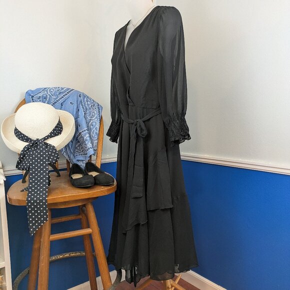 NWT NY Collection 3/4 Sleeve Belted Chiffon Handkerchief Hem Dress - Picture 3 of 11